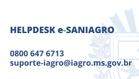 Entre em contato com helpdesk e-SANIAGRO pelo telefone 0800 647 6713 ou pelo e-mail suporte-iagro@iagro.ms.gov.br.